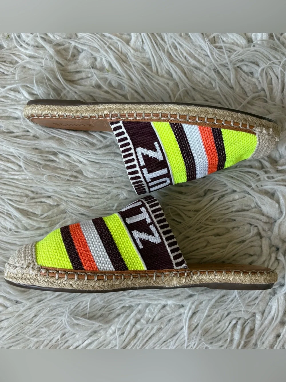 Schutz Logo Knit Multicolor Striped Flat Side Espadrille Sandals Size 38